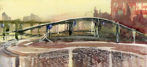 Battery Park Curves (sold); 
Watercolor and Oil Pastel, 2012; 
7 x 15 in.